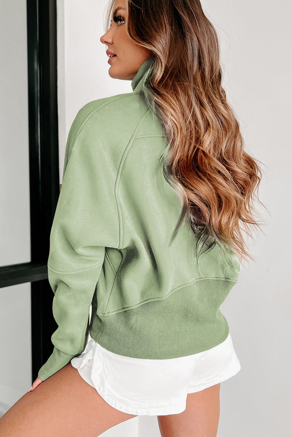Smoke Green Zip Up Stand Collar Ribbed Thumbhole Sleeve Sweatshirt - The Fair Lady Shop