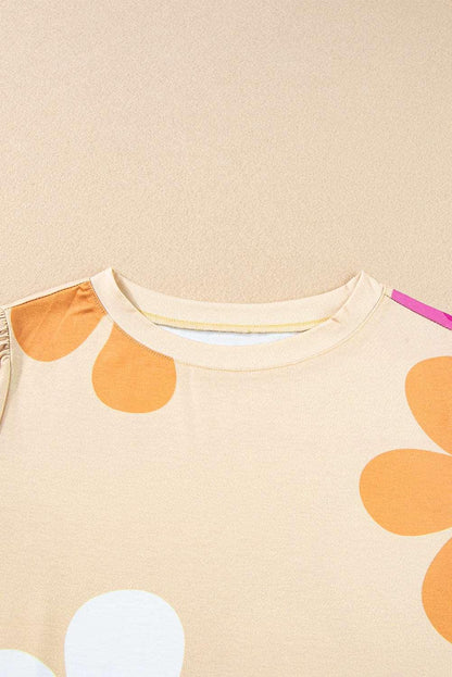 Apricot Colorful Flower Print Bubble Sleeve Tee - The Fair Lady Shop