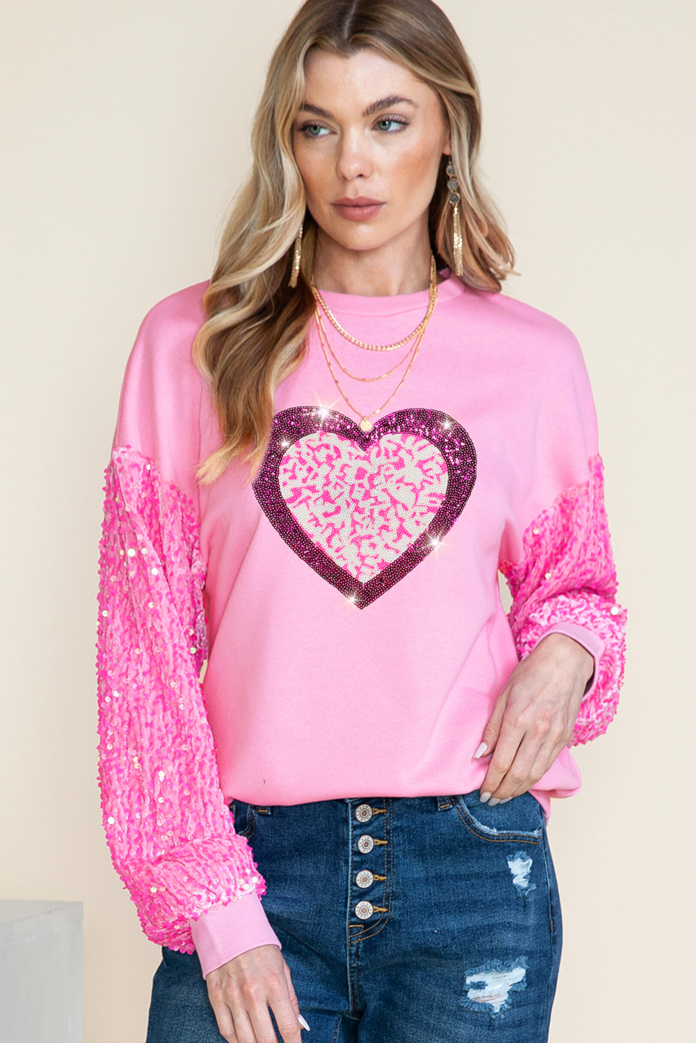 Pink Leopard Heart Graphic Sequin Patchwork Long Sleeve Valentines Top - The Fair Lady Shop