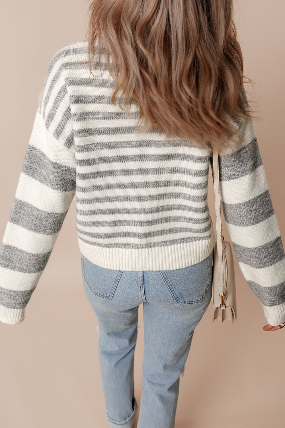 Gray Stripe Drop Shoulder Crew Neck Sweater - The Fair Lady Shop