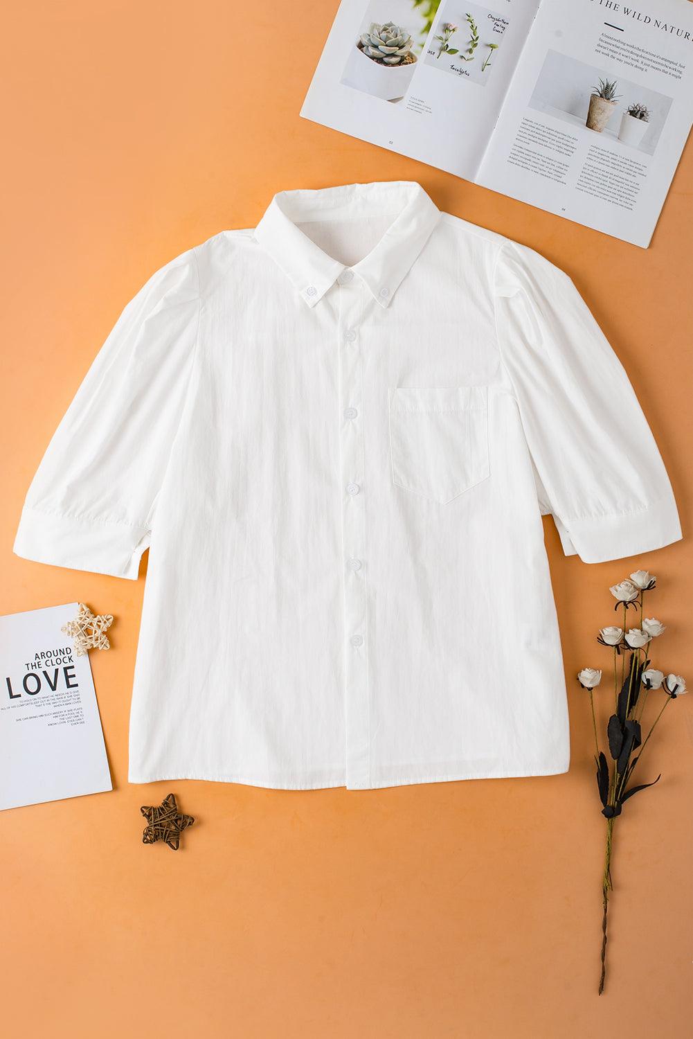 White Solid Color Button Up Puff Sleeve Shirt - The Fair Lady Shop