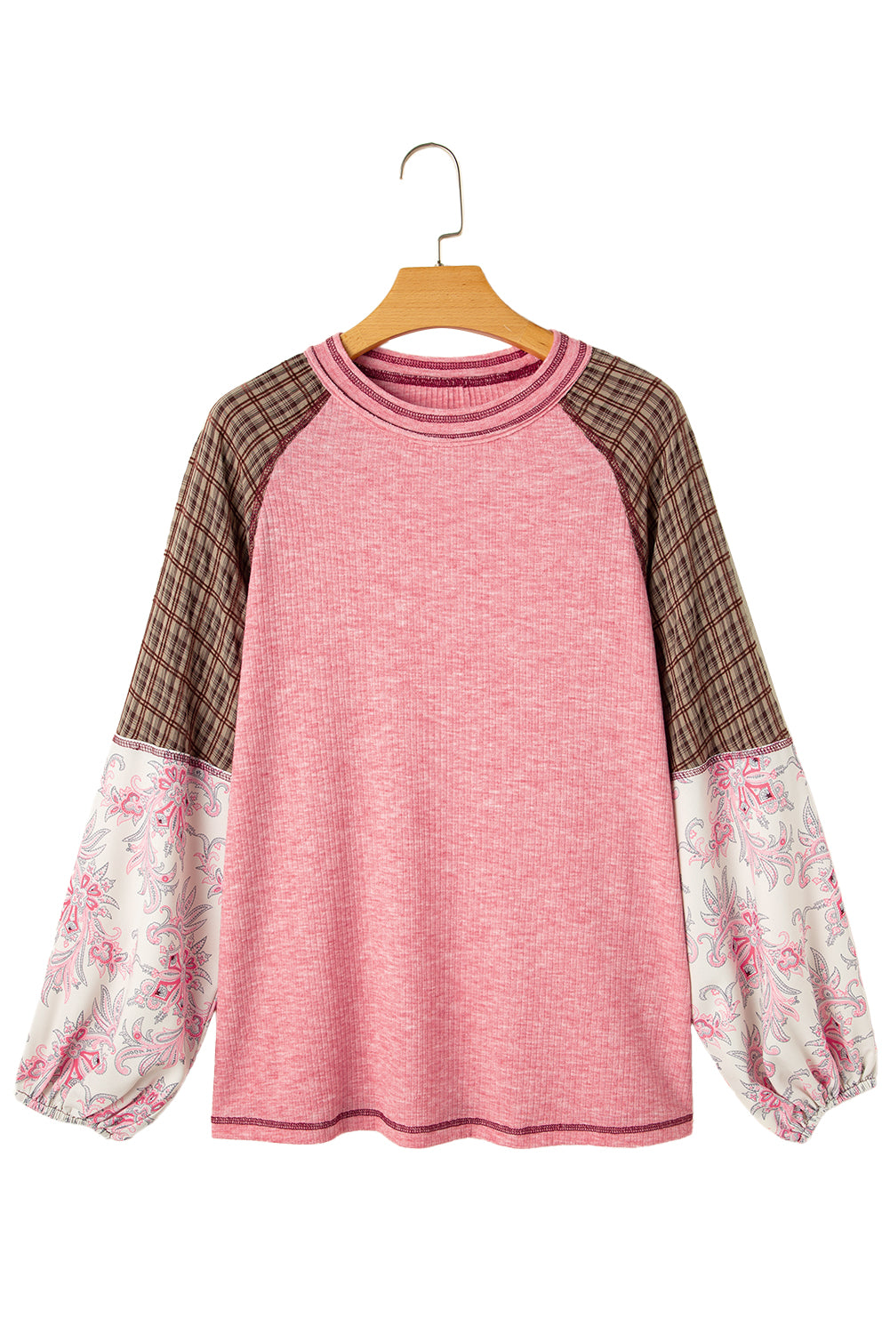 Fushia Floral Plaid Mixed Print Patchwork Raglan Ribbed Top - The Fair Lady Shop