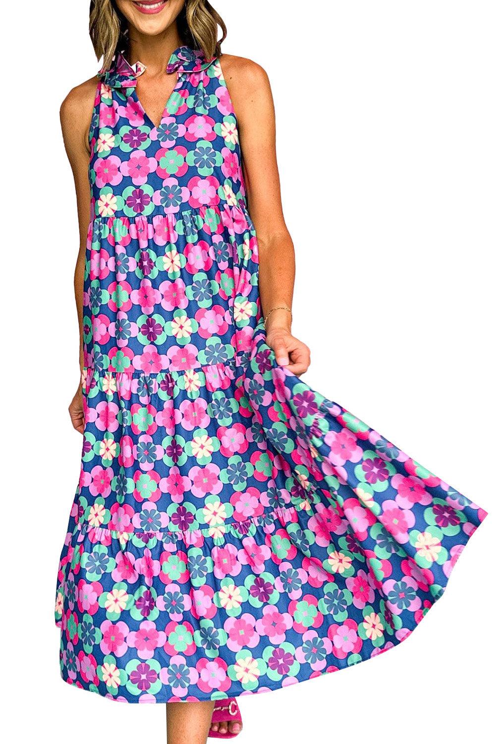 Sky Blue 60s Flower Split Neck Sleeveless Tiered Maxi Dress - The Fair Lady Shop