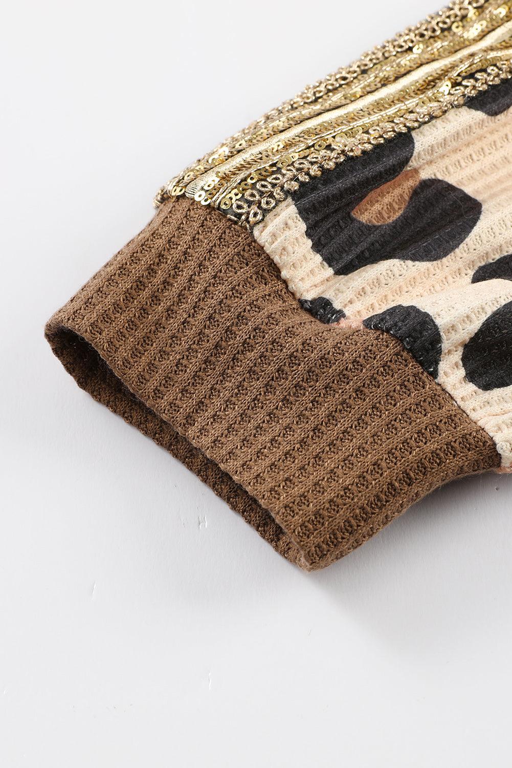 Brown Leopard Print Color Block Waffle Knit V Neck Long Sleeve Top - The Fair Lady Shop