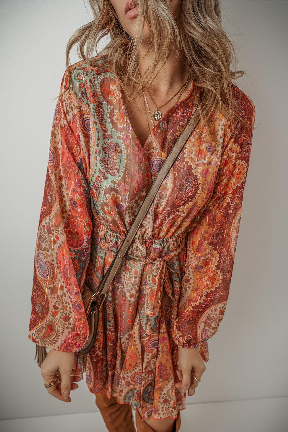 Orange Boho Paisley Print Long Sleeve Pleated Belted Mini Dress - The Fair Lady Shop