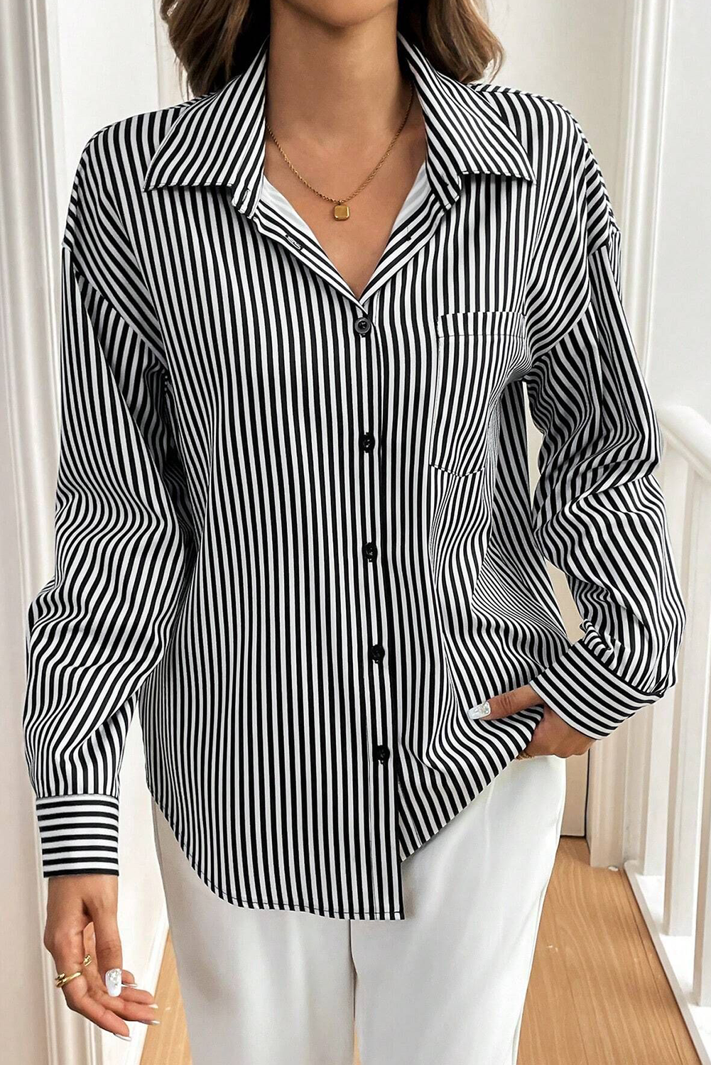 Black White Striped Button Down Bow Back Long Sleeve Shirt - The Fair Lady Shop