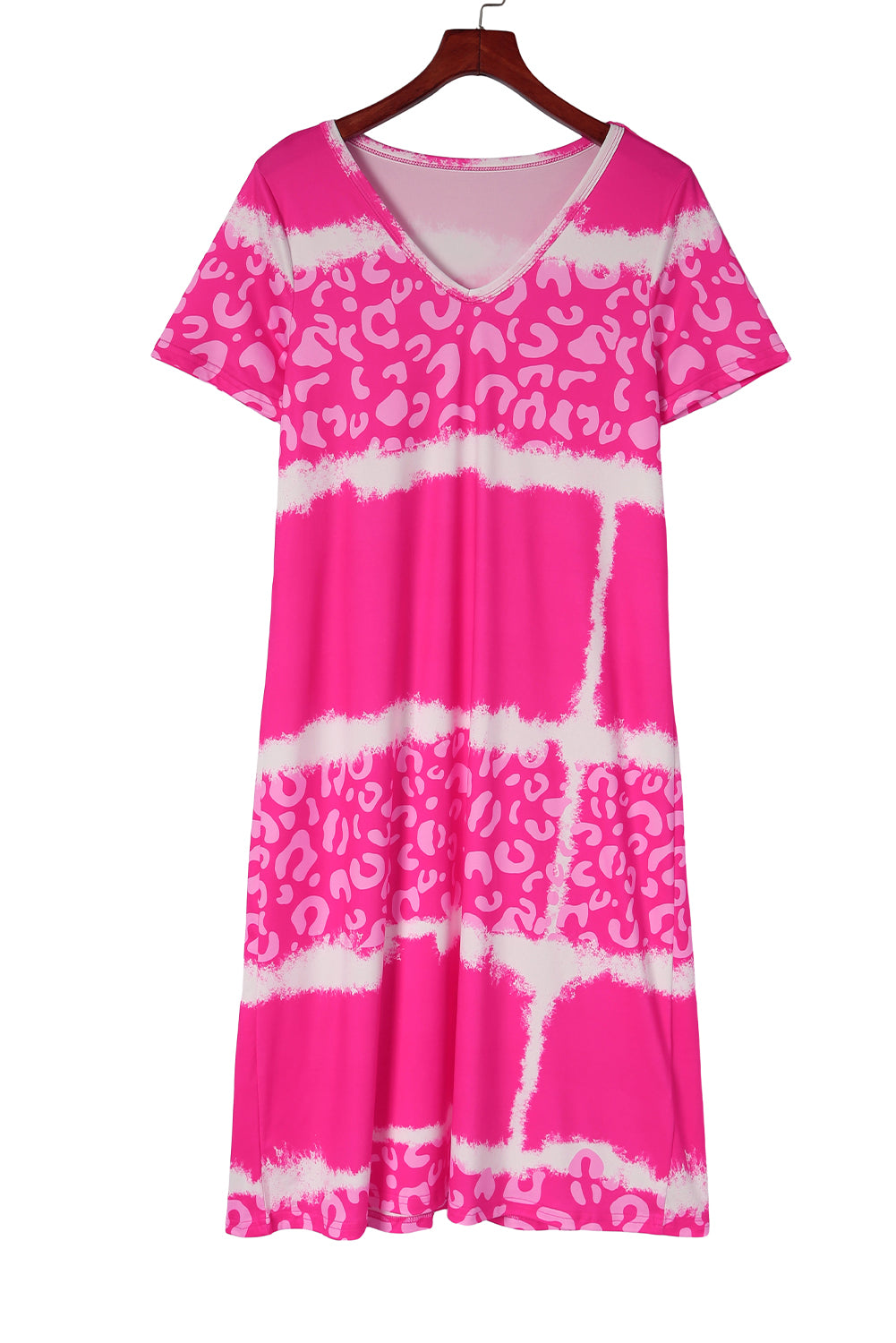 Grey Tie Dye Leopard Color Block V Neck T Shirt Dress - The Fair Lady Shop