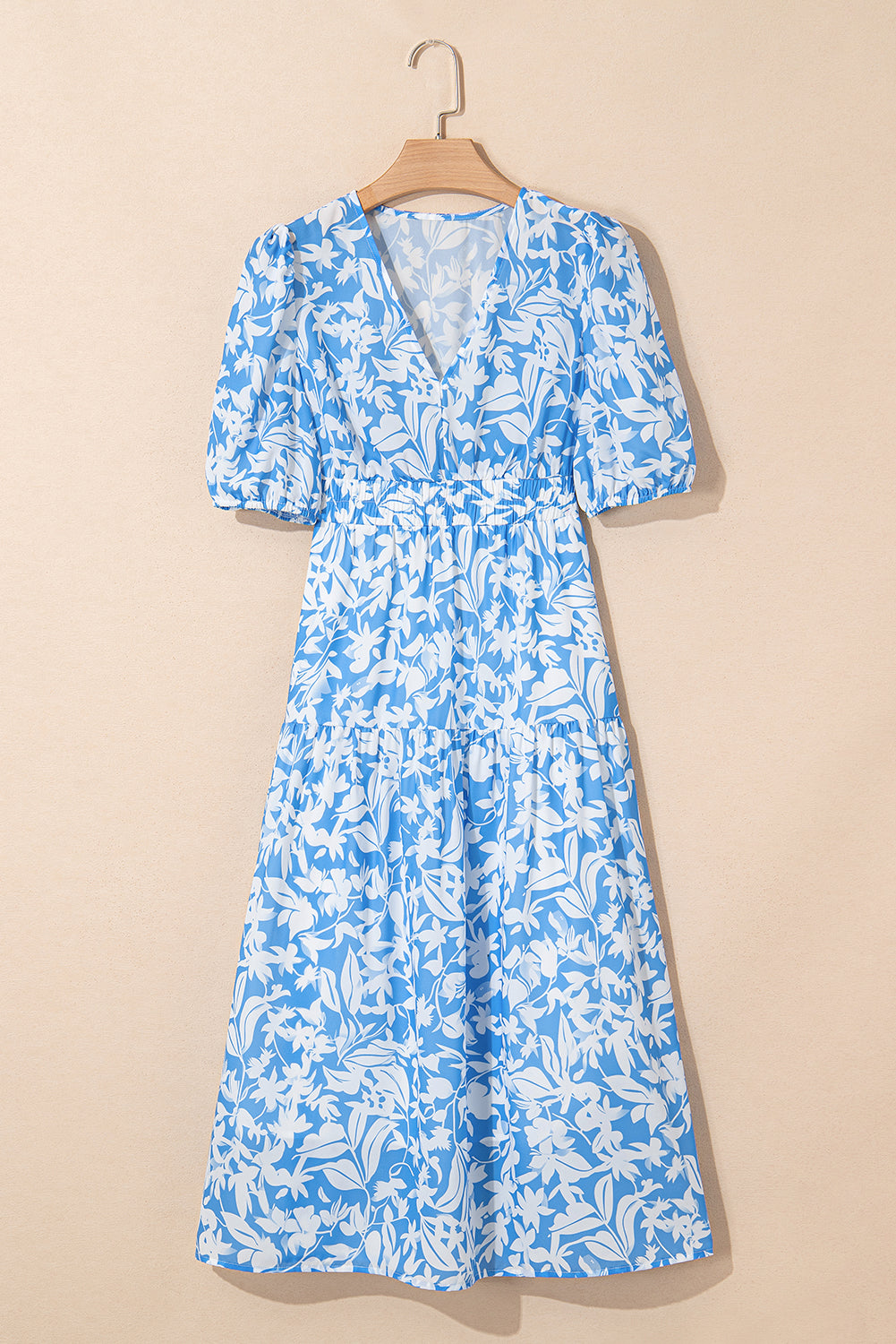 Sky Blue Floral Print Deep V Neck Puff Sleeve Flowy Dress - The Fair Lady Shop