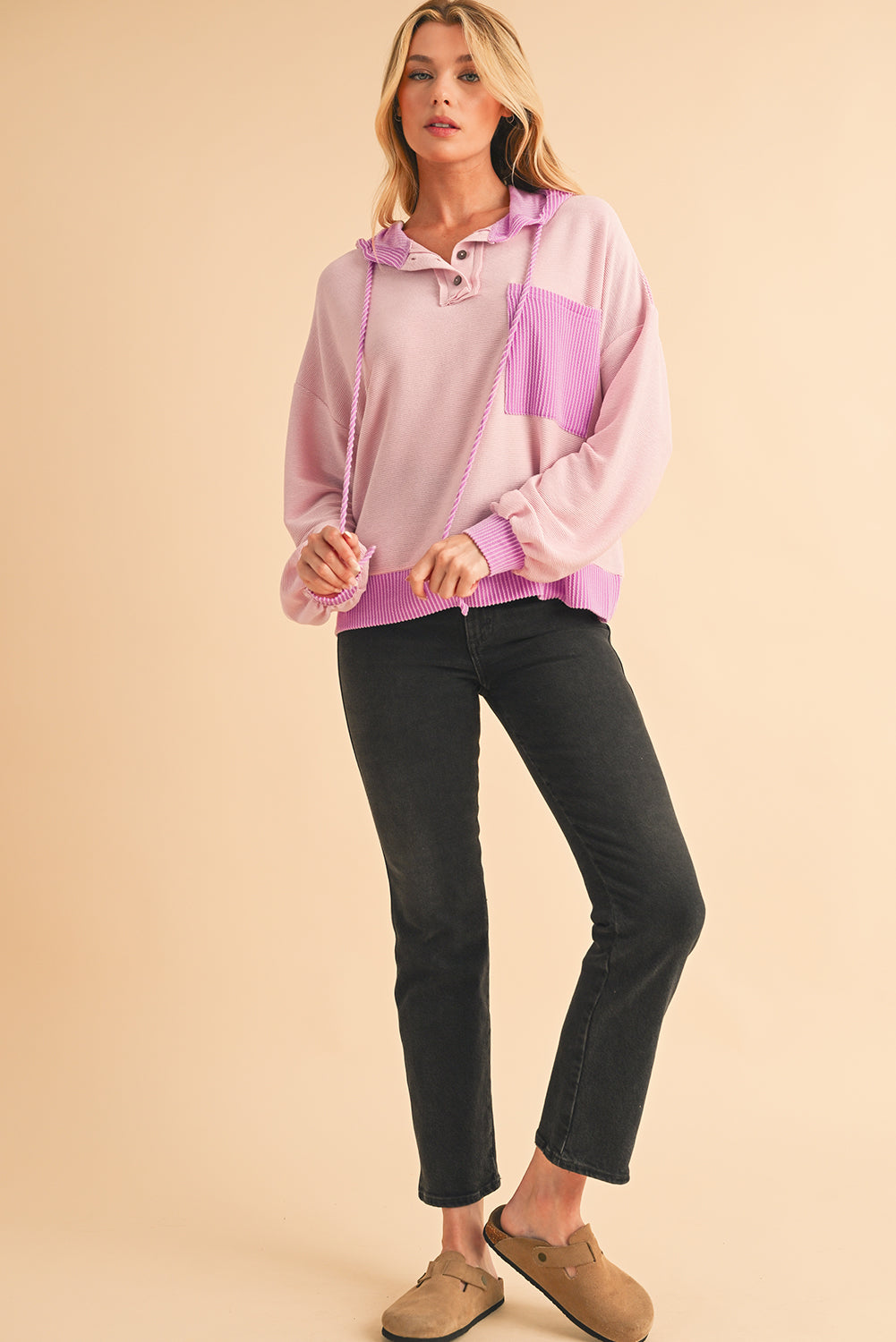 Light Pink Corded Patch Pocket Drawstring Henley Long Sleeve Tops - The Fair Lady Shop