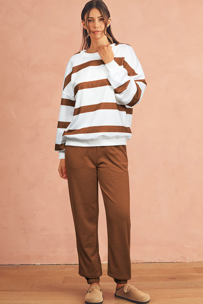 Brown Striped Drop Shoulder Pullover and Joggers Set - The Fair Lady Shop