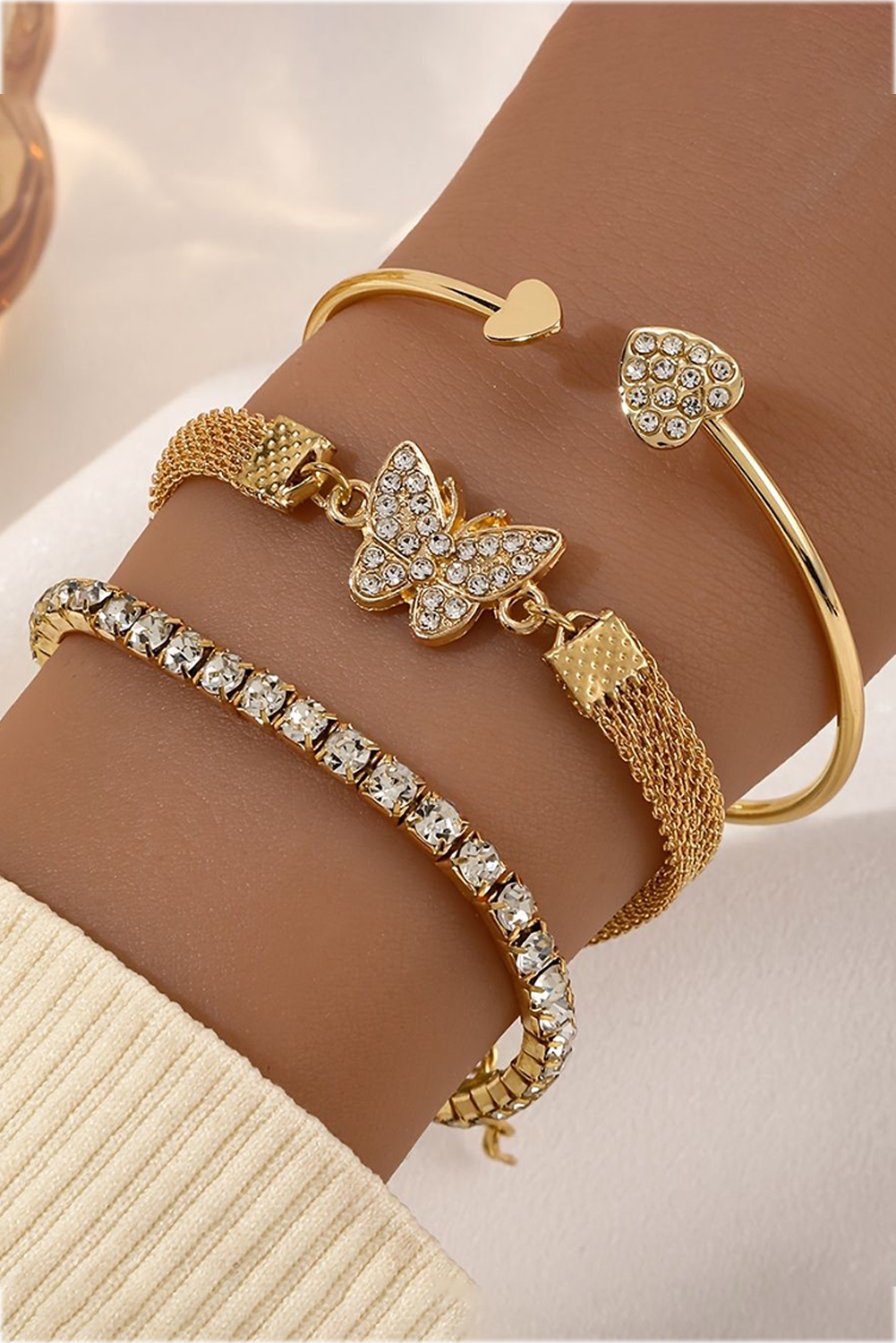 Gold Rhinestone Heart Butterfly Bracelet Set - The Fair Lady Shop