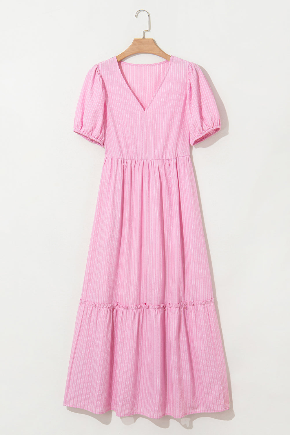 Pink Striped V Neck Puff Sleeve Frill Tiered Maxi Dress - The Fair Lady Shop