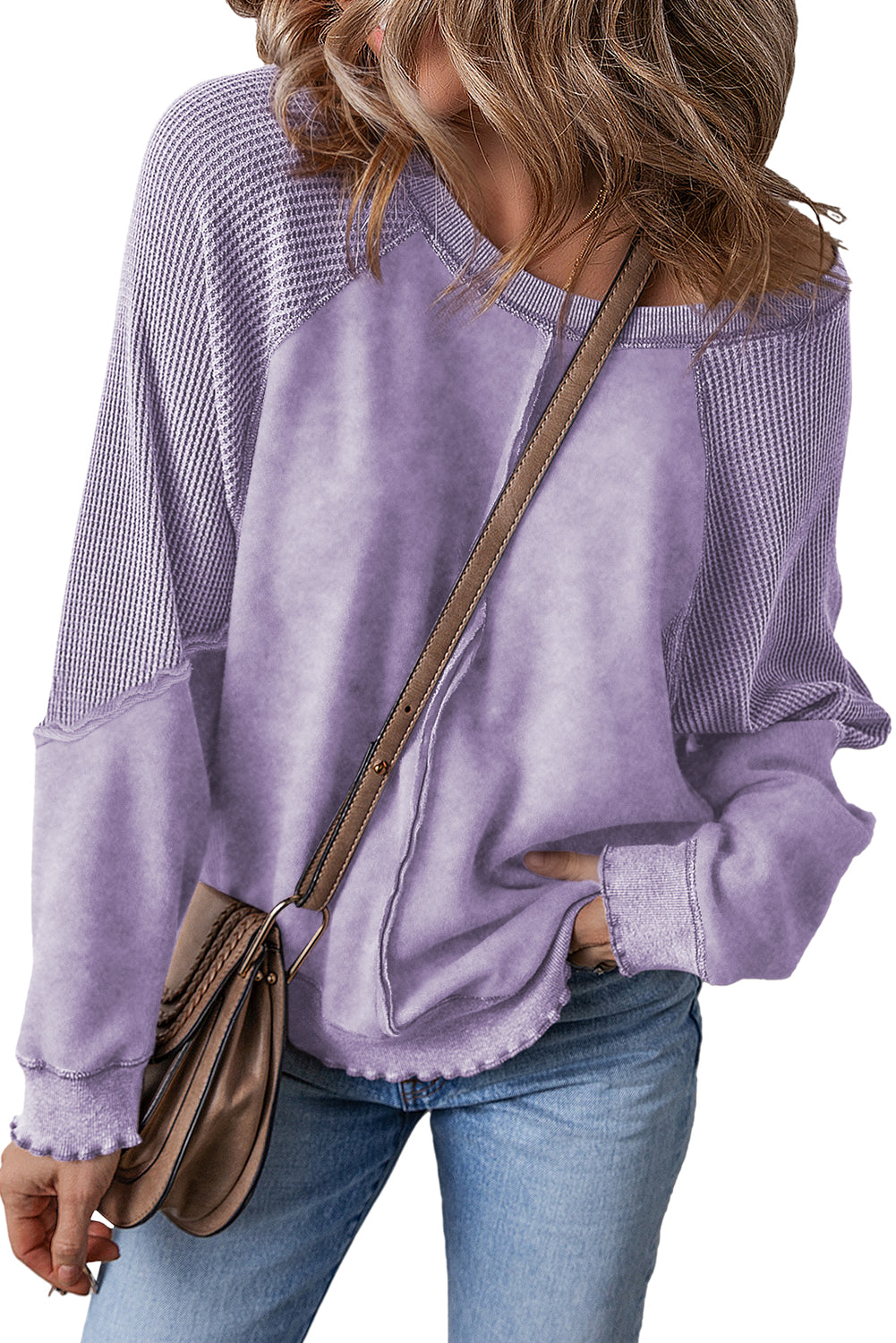 Orchid Petal Waffle Patchwork Raglan Sleeve Exposed Seam Sweatshirt - The Fair Lady Shop