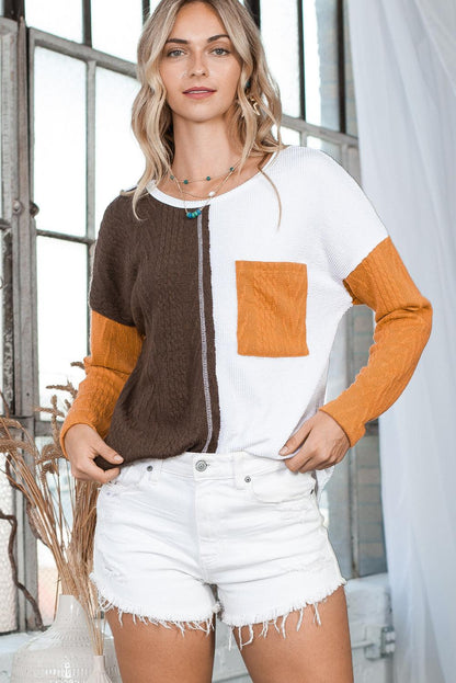 Brown Color Block Textured Chest Pocket Long Sleeve Top - The Fair Lady Shop