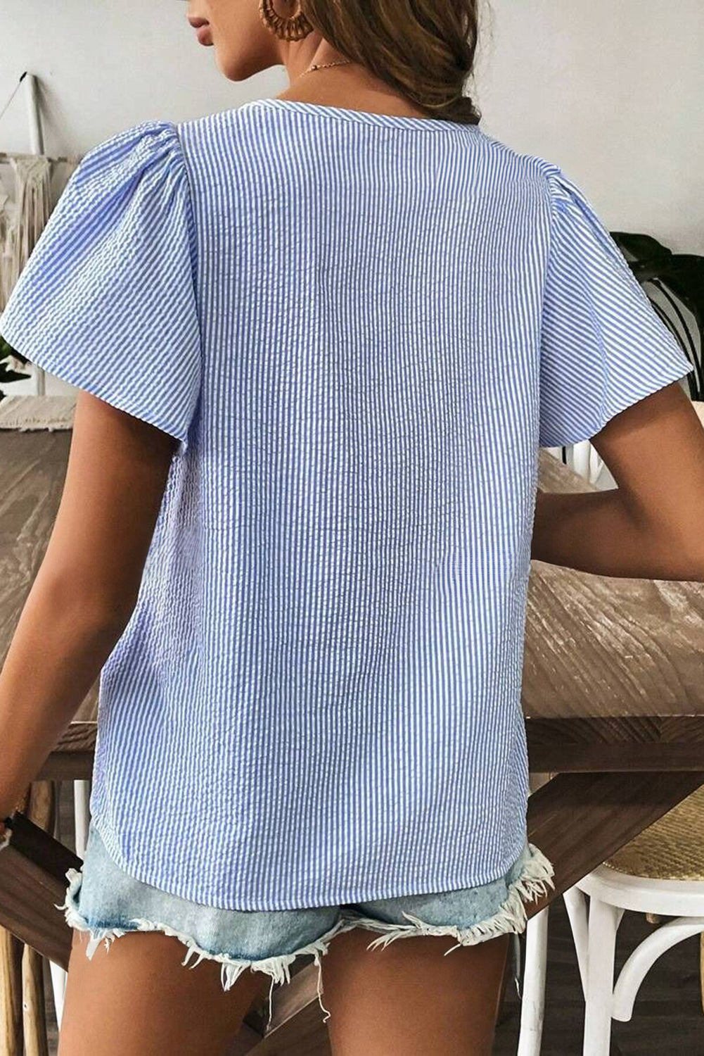 Sky Blue Striped Crochet Applique Boho Blouse - The Fair Lady Shop