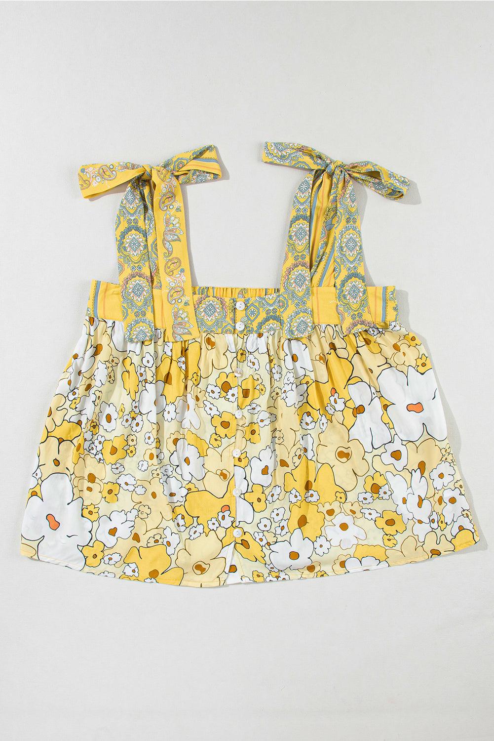 Yellow Floral Patchwork Boho Knot Straps Top - The Fair Lady Shop