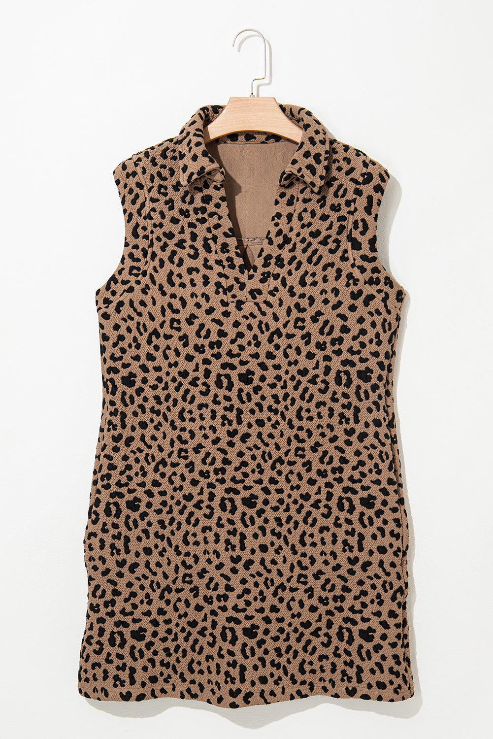 Khaki Leopard Print V Neck Sleeveless Collared Mini Dress - The Fair Lady Shop