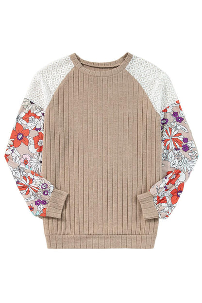 Parchment Floral Patchwork Raglan Sleeve Ribbed Blouse - The Fair Lady Shop