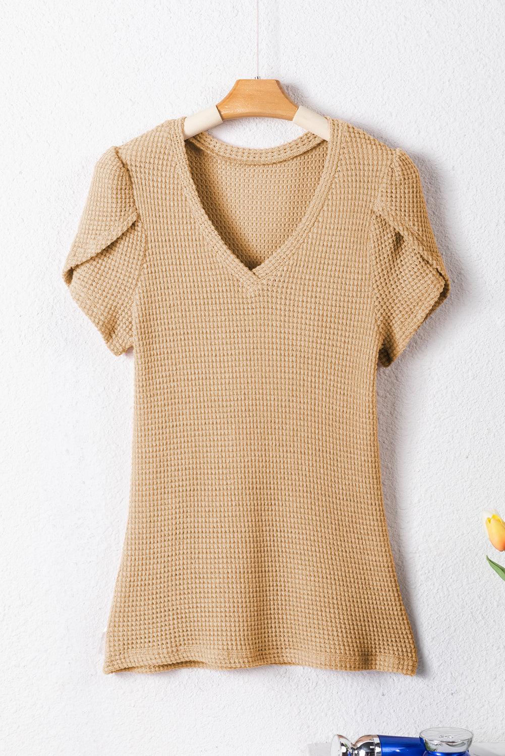 Mist Green Tulip Sleeve Waffle Knit V Neck T-Shirt - The Fair Lady Shop