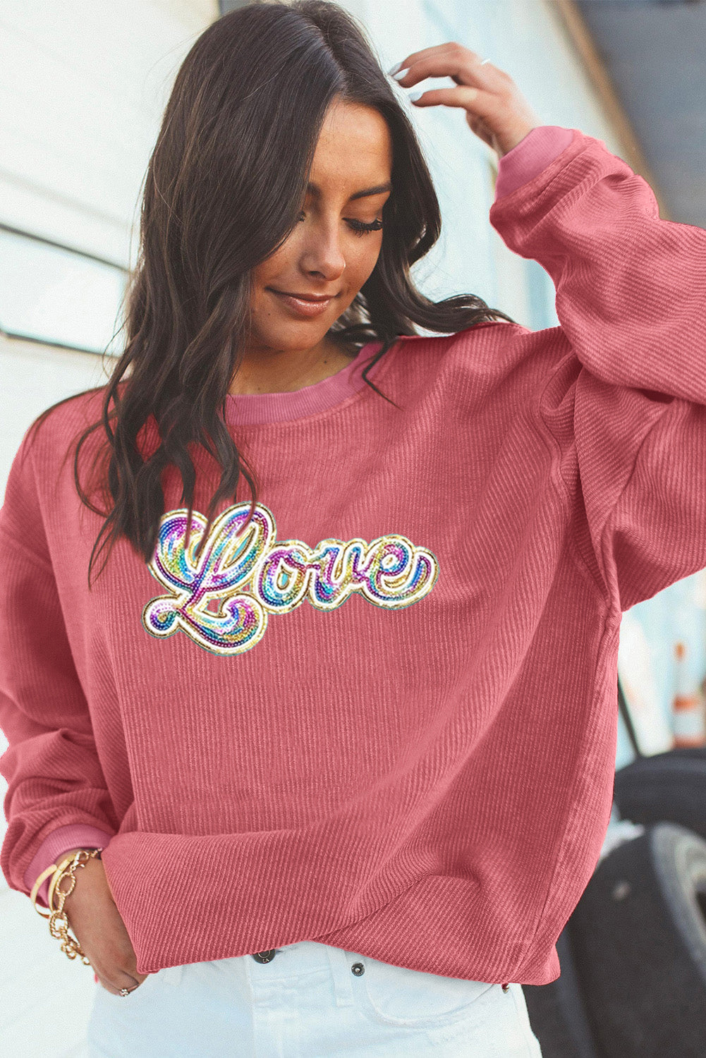 Strawberry Pink Sequin Love Graphic Corded Valentines Sweatshirt - The Fair Lady Shop