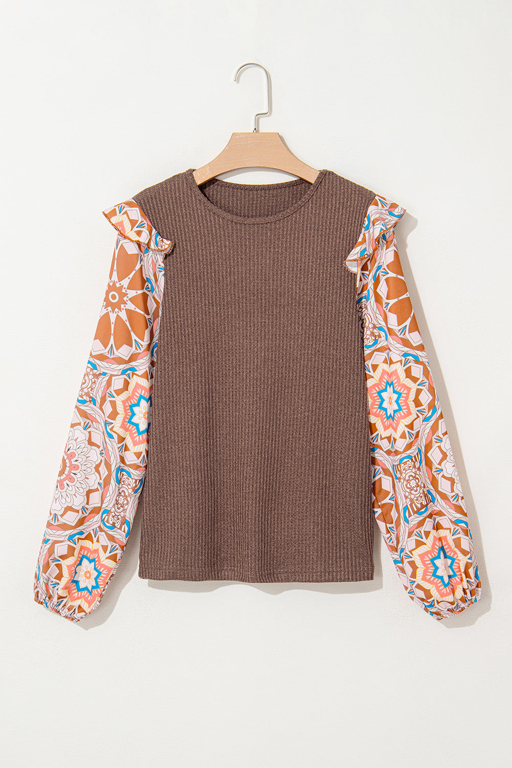 Coffee Ruffle Floral Sleeve Patchwork Waffle Top - The Fair Lady Shop