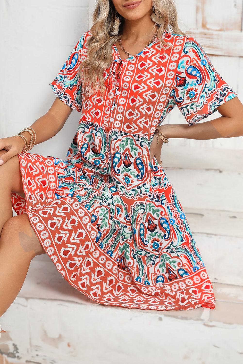 Orange Bohemian Tie Neck Flounce Sleeve Ruffle Hem Mini Dress - The Fair Lady Shop
