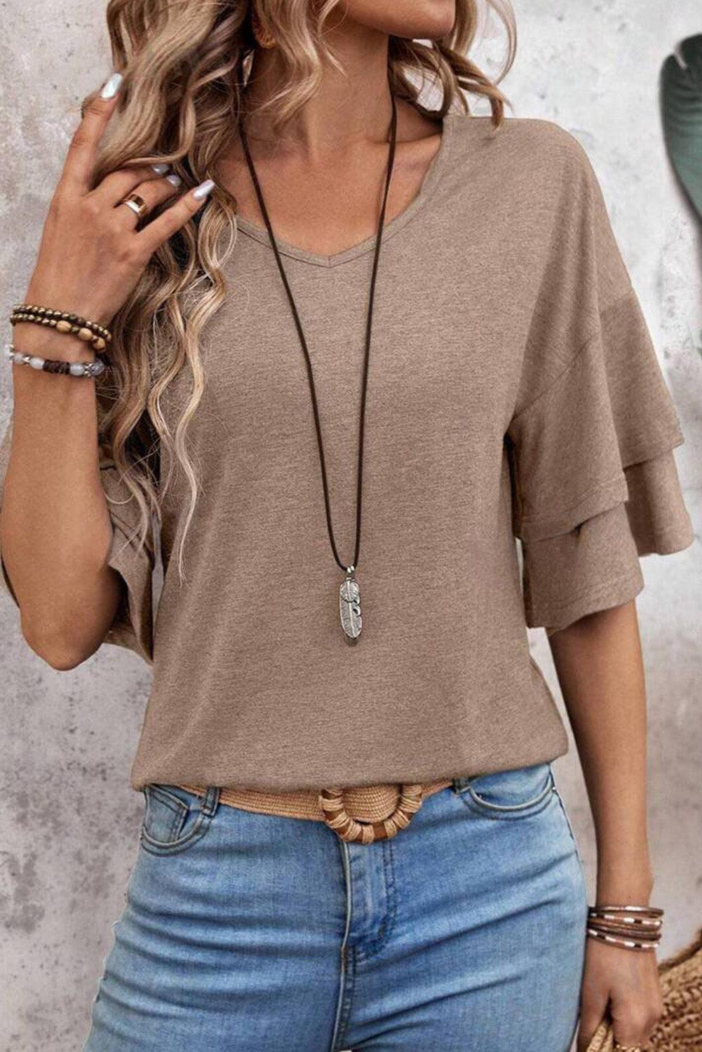 Dune Solid Color V Neck Double Layer Sleeve Loose T-Shirt - The Fair Lady Shop