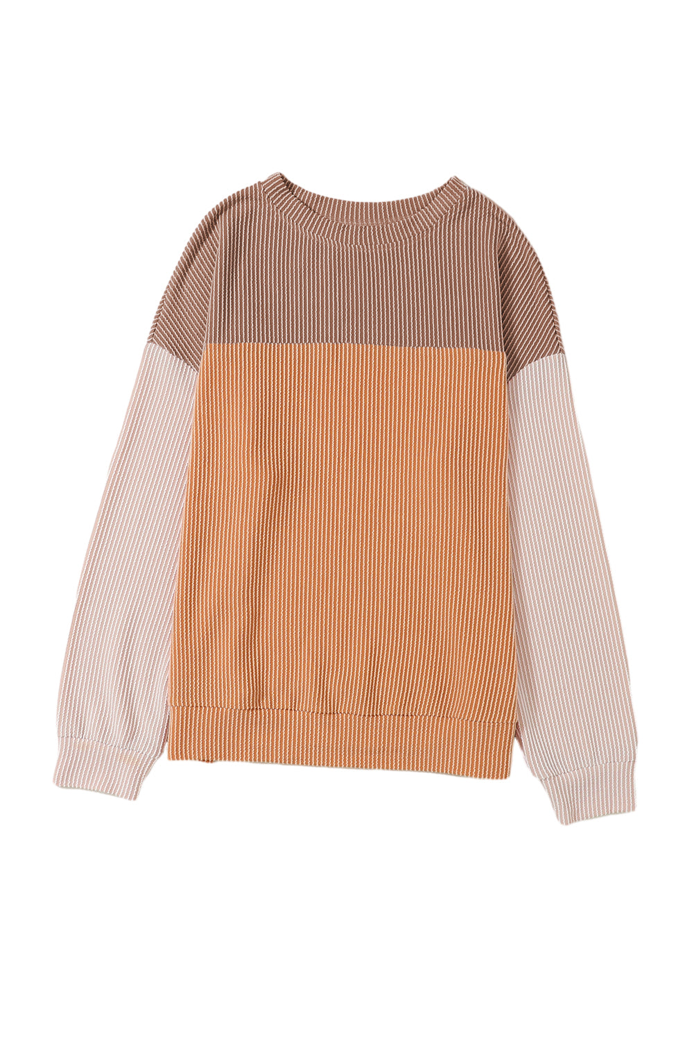 Khaki Color Block Ribbed Loose Long Sleeve Top - The Fair Lady Shop
