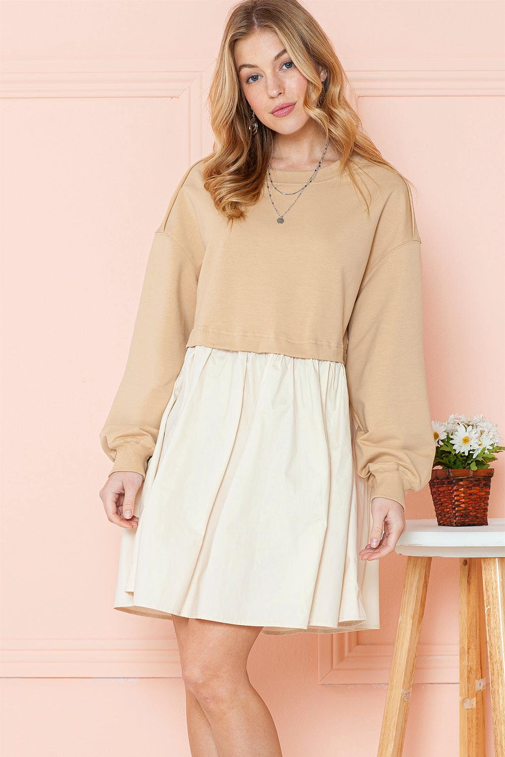Khaki Sweatshirt Colorblock Flowy Pleated Mini Dress - The Fair Lady Shop