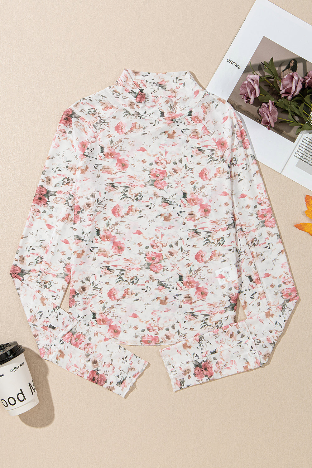 Pink Floral Print Mesh Mock Neck Slim Blouse - The Fair Lady Shop