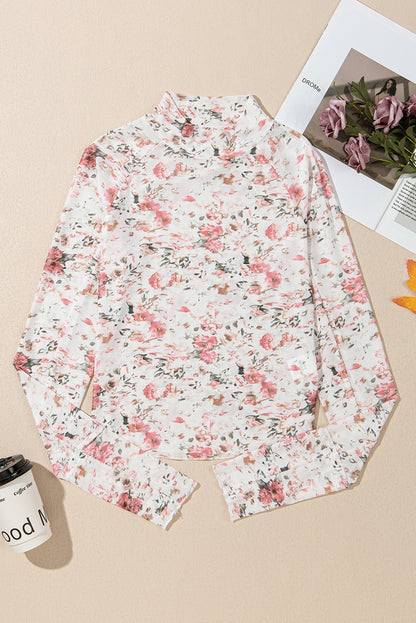 Pink Floral Print Mesh Mock Neck Slim Blouse - The Fair Lady Shop
