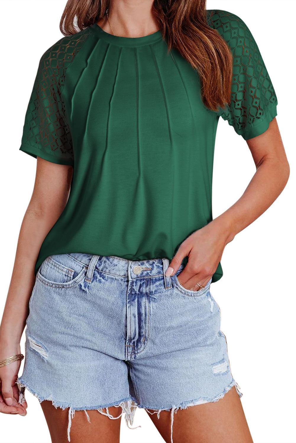 Pale Khaki Seamed Detail Contrast Lace Raglan Sleeve Tee - The Fair Lady Shop