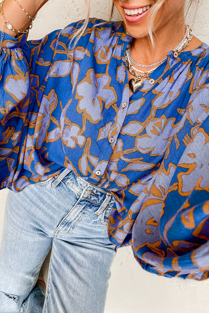 Blue Floral Print Batwing Sleeve Button Loose Fit Blouse - The Fair Lady Shop