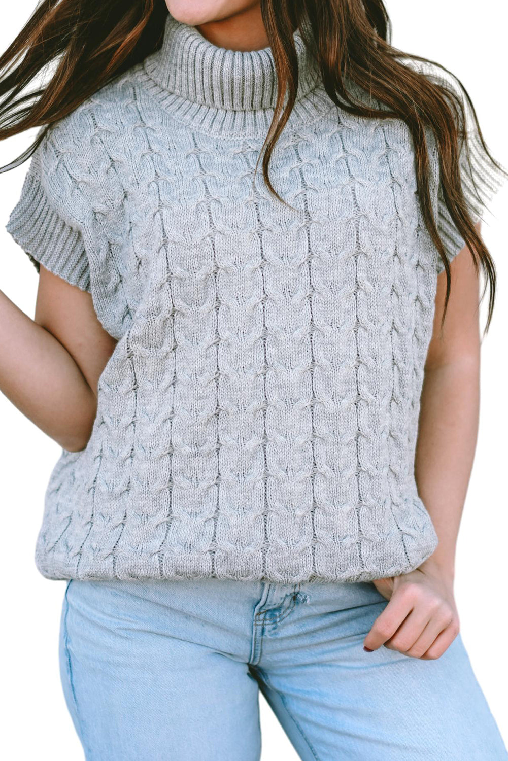 Medium Grey Cable Knit Turtleneck Short Dolman Sleeve Sweater - The Fair Lady Shop