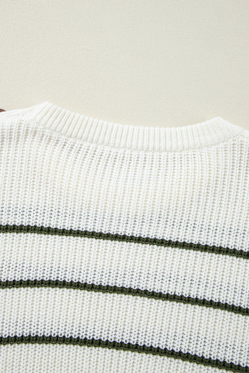 Green Color Block Striped Buttoned Shoulder Split Sweater - The Fair Lady Shop