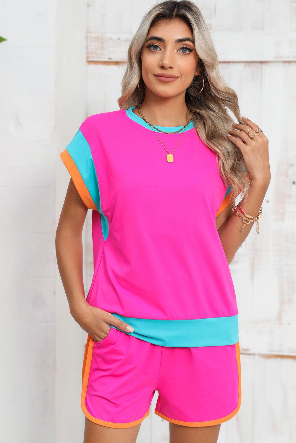 Peach Blossom Color Block Loose Fit Top & Elastic Waist Shorts Set - The Fair Lady Shop