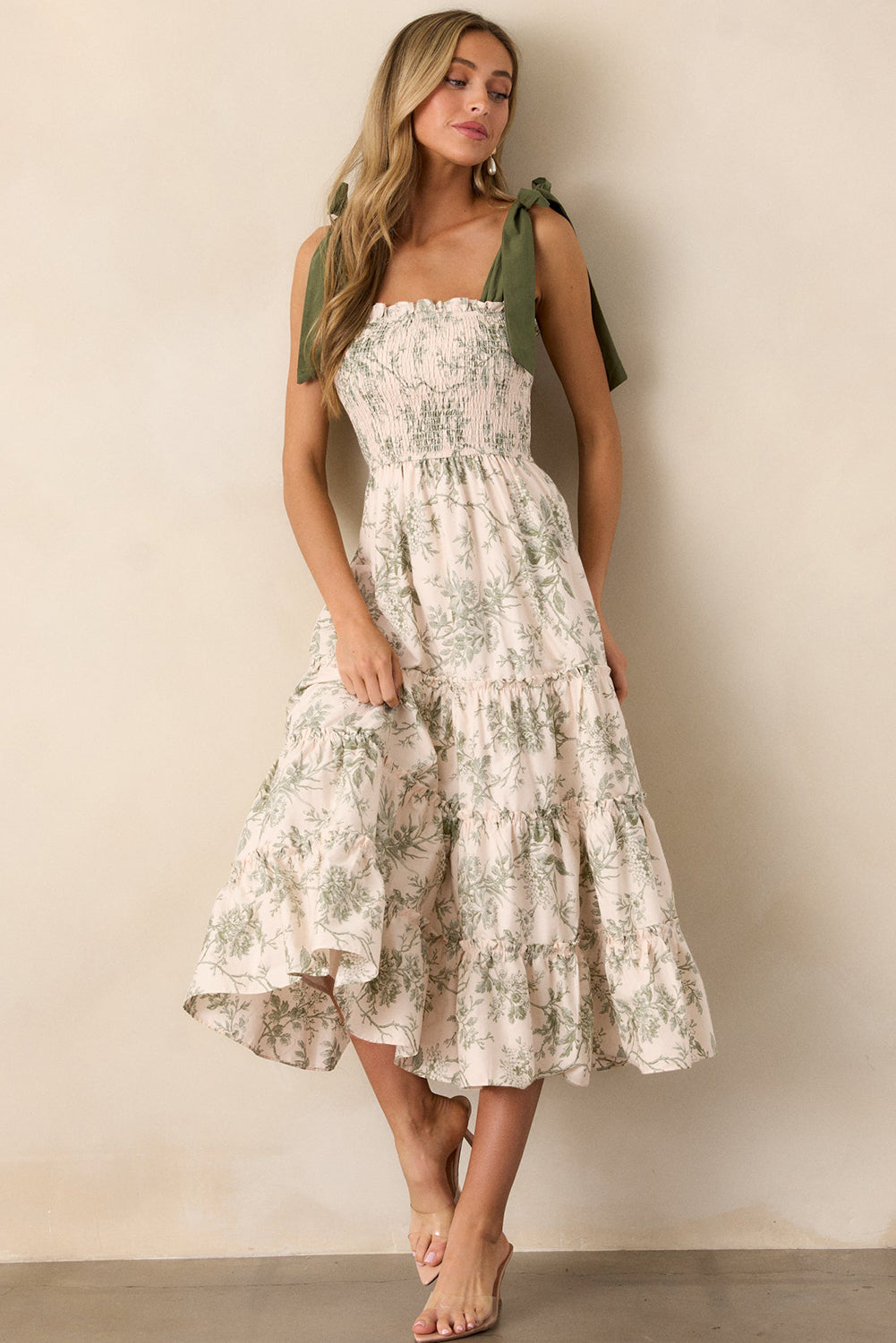 Green Floral Smocked High Waist Tiered Midi Dress