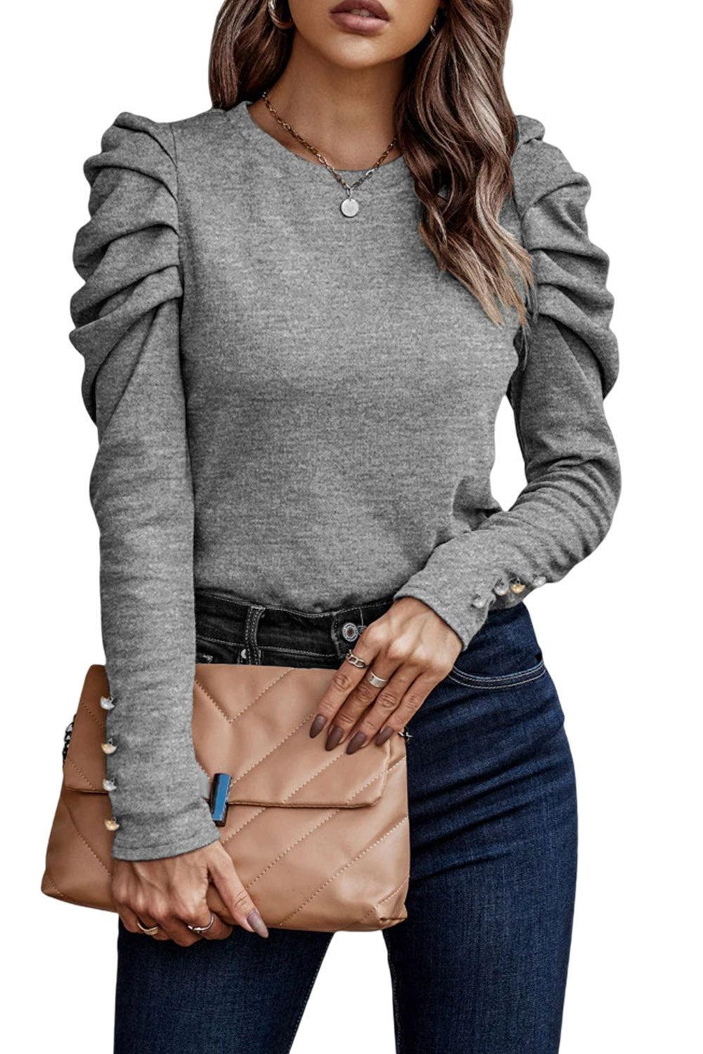 Khaki Plain Buttoned Puff Long Sleeve Sheath Top - The Fair Lady Shop