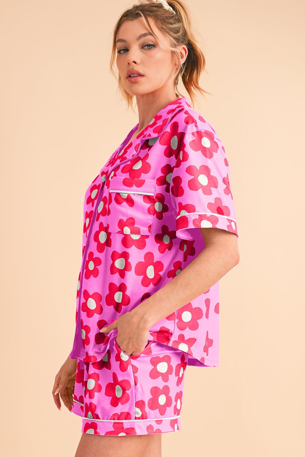 Green Flower Print Buttoned Shirt and Drawstring Waist Pajama Set - The Fair Lady Shop