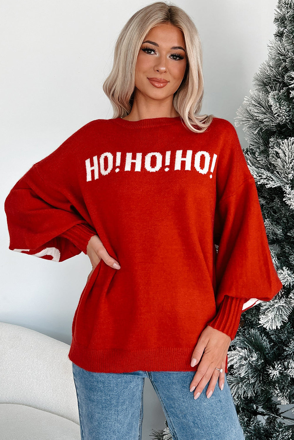 Fiery Red MERRY CHRISTMAS HO HO HO Drop Shoulder Loose Sweater