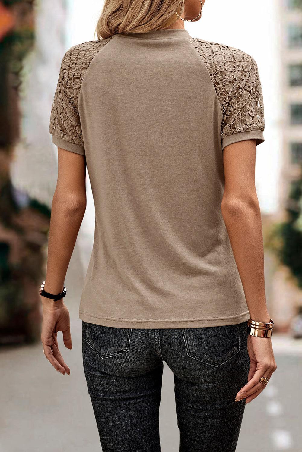 Pale Khaki Seamed Detail Contrast Lace Raglan Sleeve Tee - The Fair Lady Shop