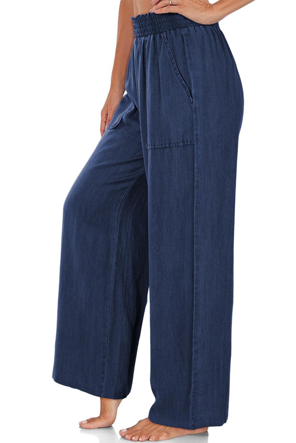 Black Side Pockets Frilled Smocked High Waist Wide Leg Jeans - The Fair Lady Shop