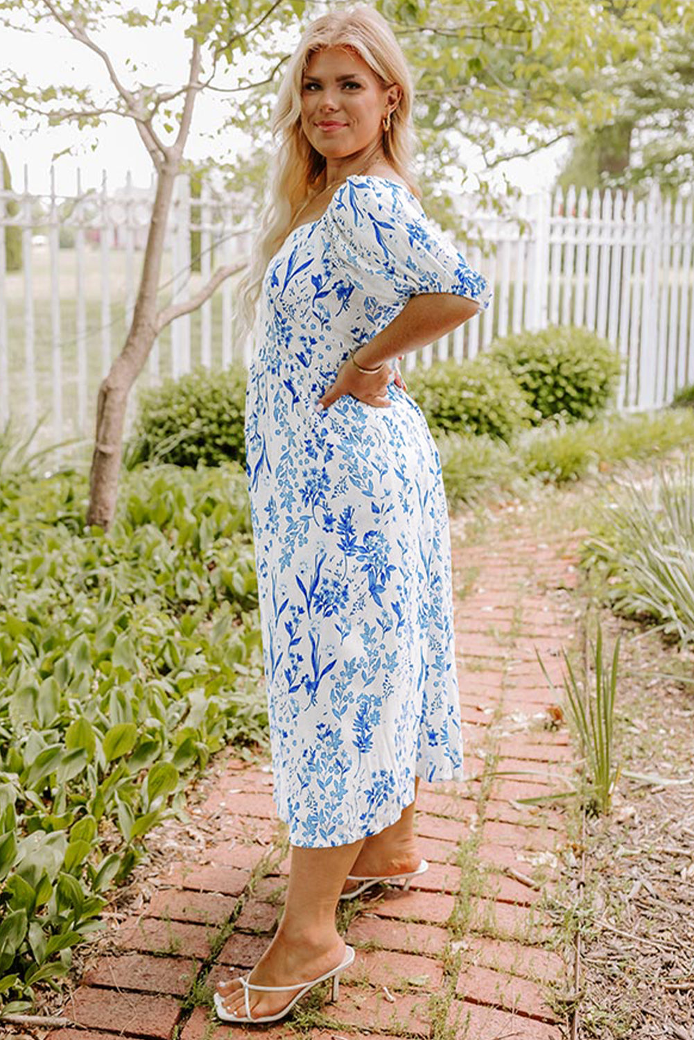 Sky Blue Floral Print Sweetheart Neck Plus Size Midi Dress - The Fair Lady Shop