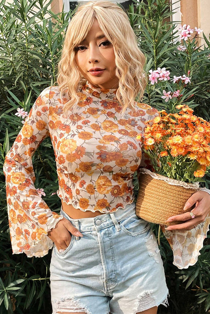 Orange Floral Print Bell Sleeve Mock Neck Scallop Trim Blouse - The Fair Lady Shop
