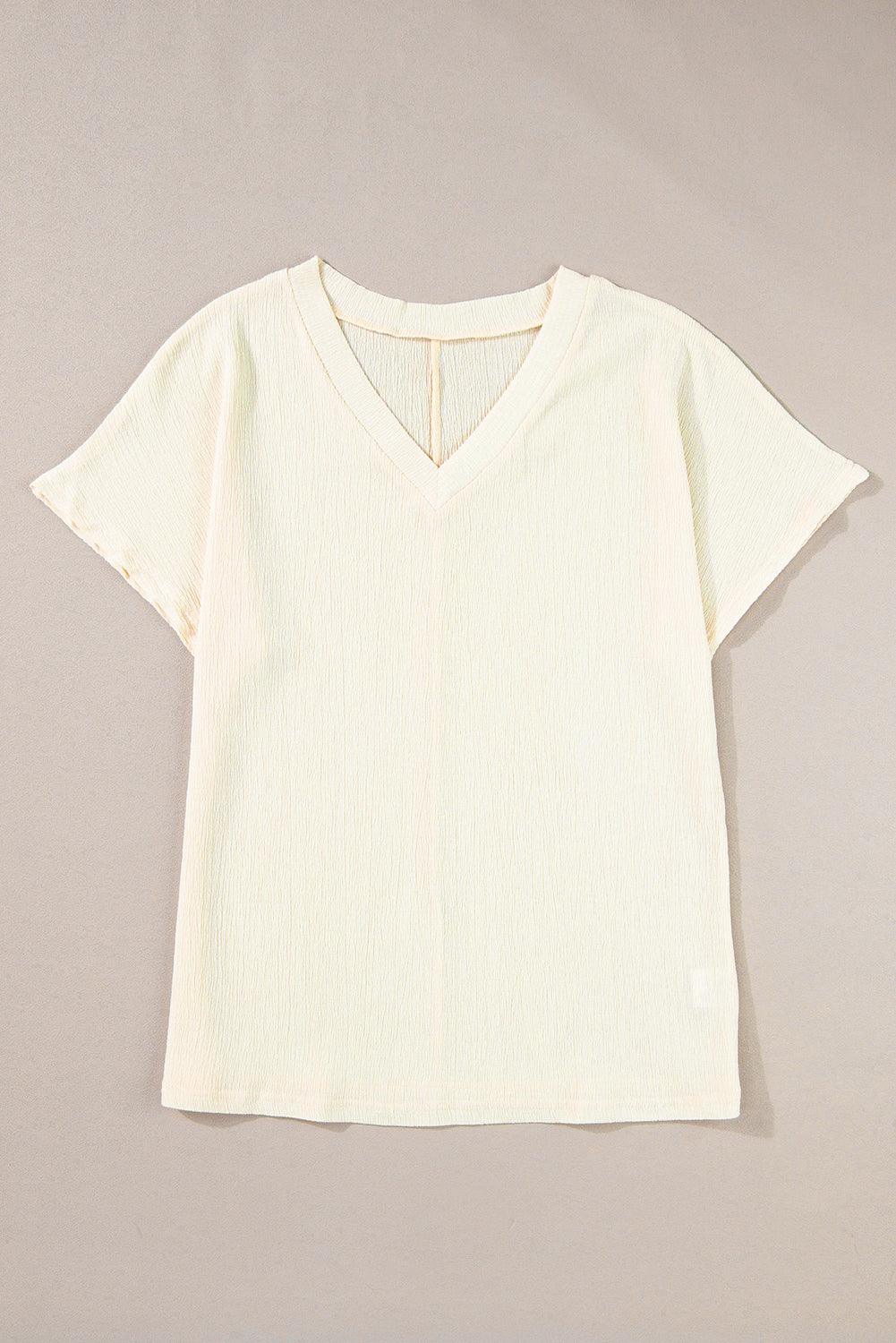 Blue Plain Crinkled V Neck Flounce Sleeve T Shirt - The Fair Lady Shop
