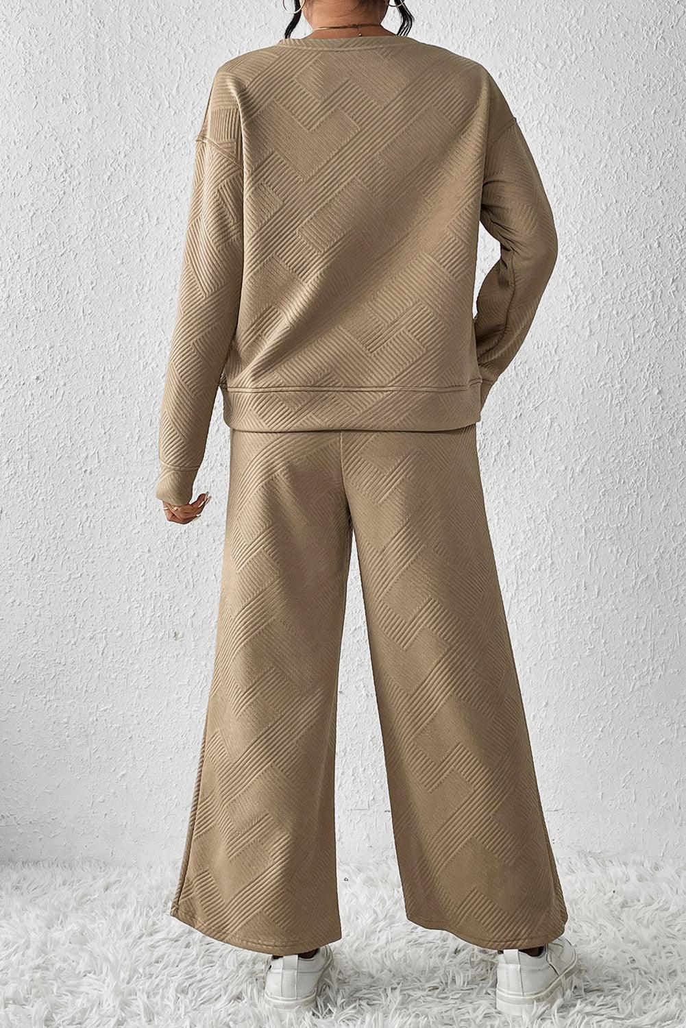 Dark Brown Textured Loose Slouchy Long Sleeve Top and Pants Set - The Fair Lady Shop