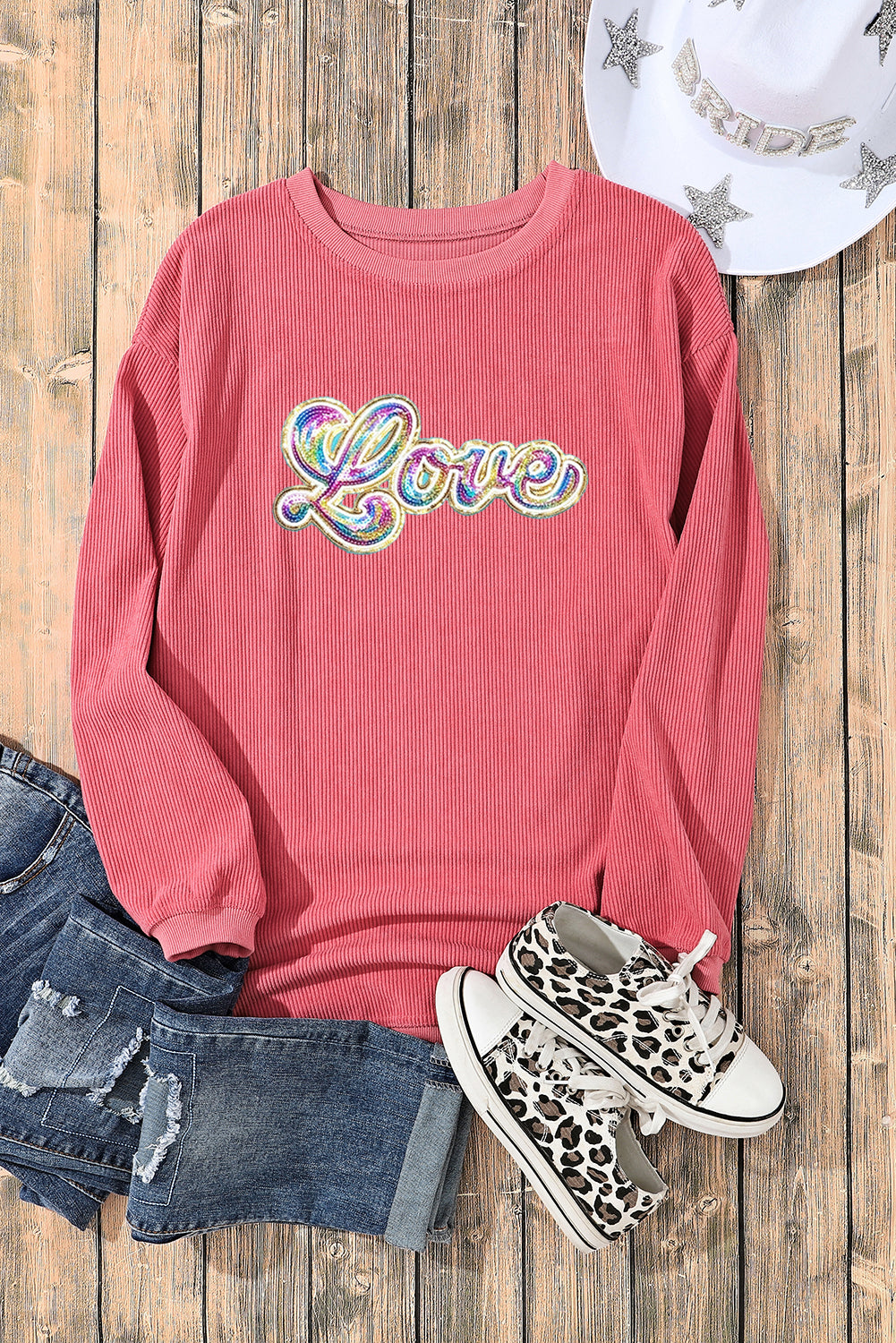 Strawberry Pink Sequin Love Graphic Corded Valentines Sweatshirt - The Fair Lady Shop