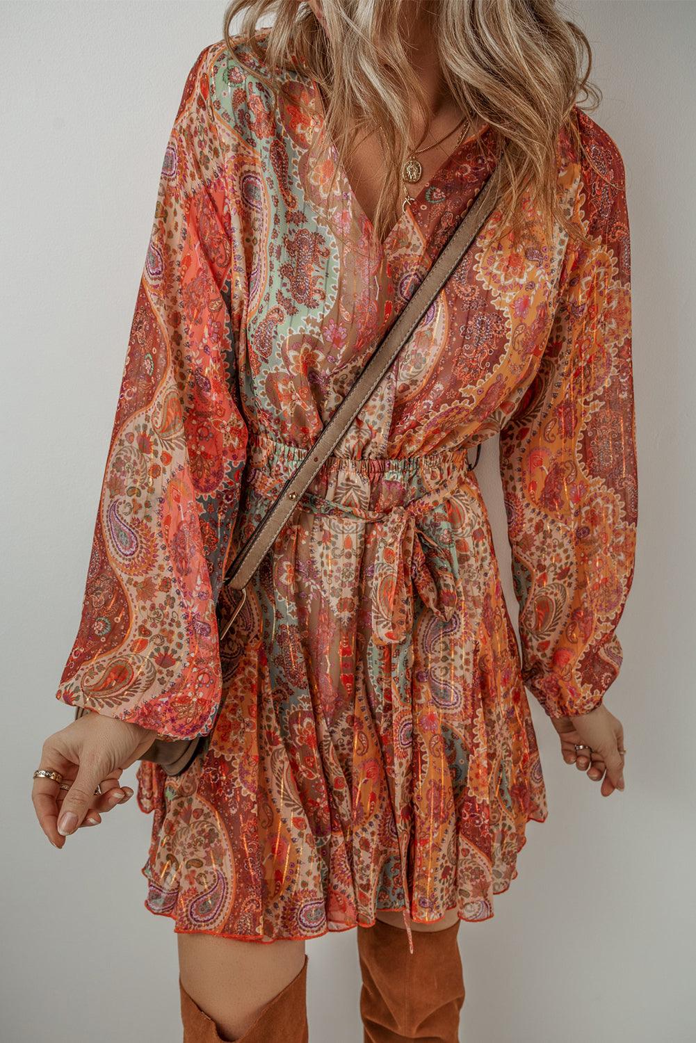 Orange Boho Paisley Print Long Sleeve Pleated Belted Mini Dress - The Fair Lady Shop