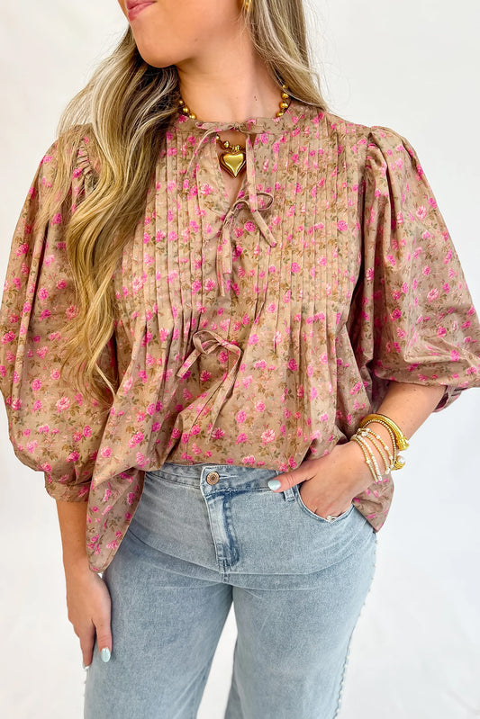 Light French Beige Ditsy Floral Print Bow Front Puff Sleeve Blouse - The Fair Lady Shop