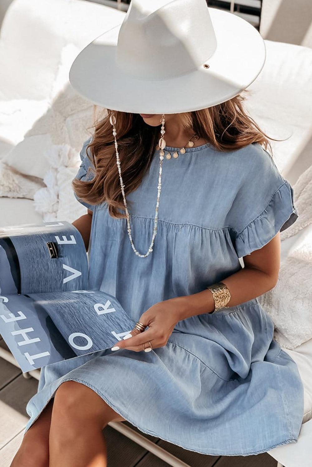 Beau Blue Ruffle Short Sleeve Tiered A-line Denim Dress - The Fair Lady Shop
